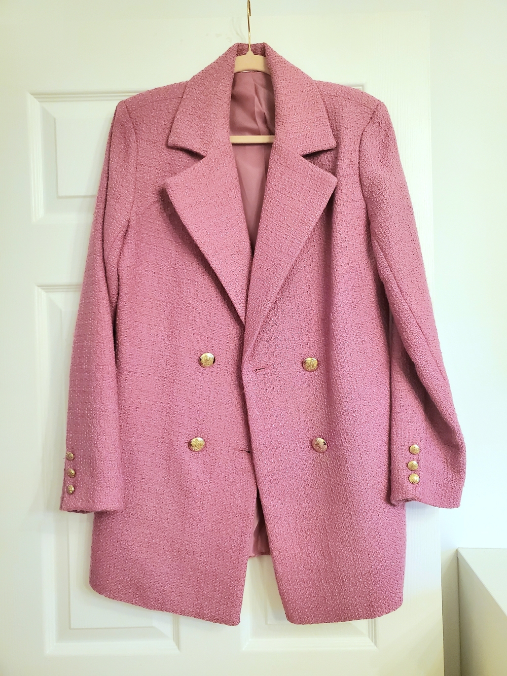 Shoe Dazzle Pink Bouclé Double-Breasted Blazer with Gold Buttons